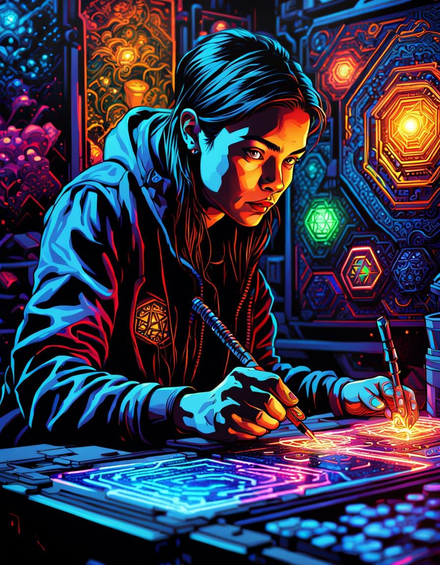 Surreal Comic Book Art of a Woman Crafting Sapphire Gem Magi...