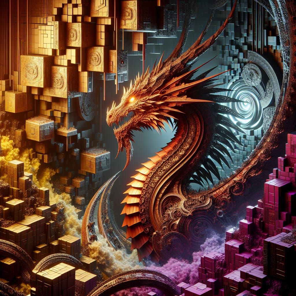 Rust Dragon in Metallic World: Art Nouveau Style