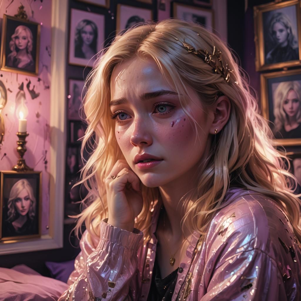 Melancholy Girl in Pink Bedroom, Art Nouveau Style