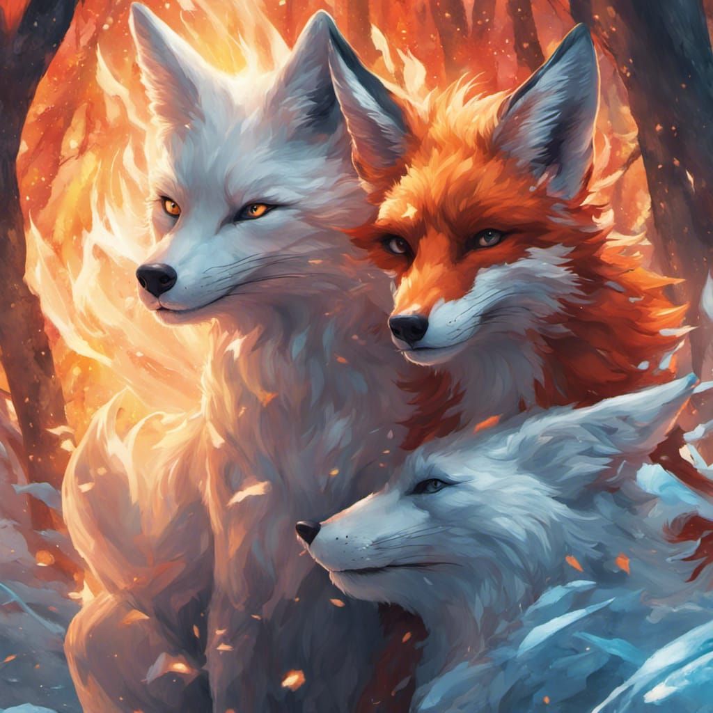 Elemental Foxes Clash in Hyperdetailed Forest