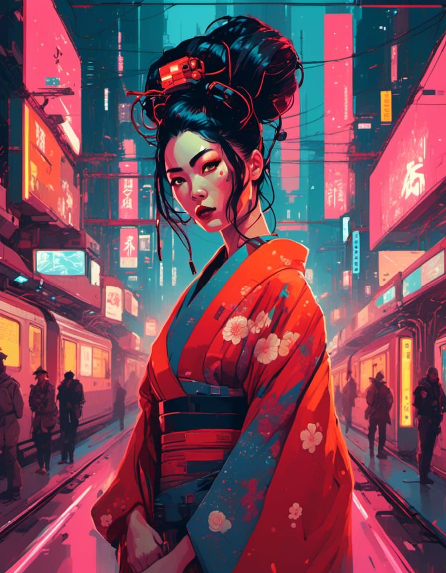 Cyberpunk Geisha in Futuristic Japanese Train Station