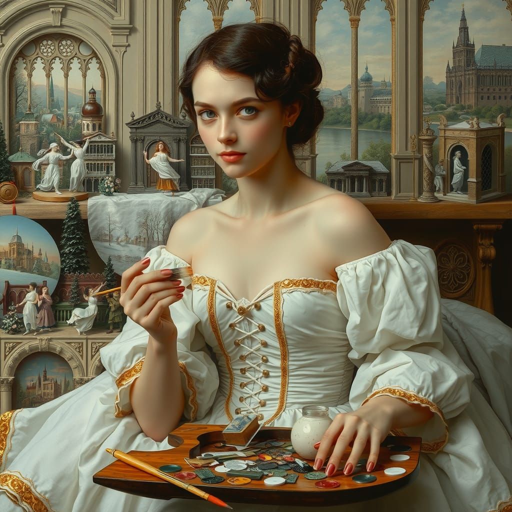 Ethereal Woman with Brush in Surrealist Scene