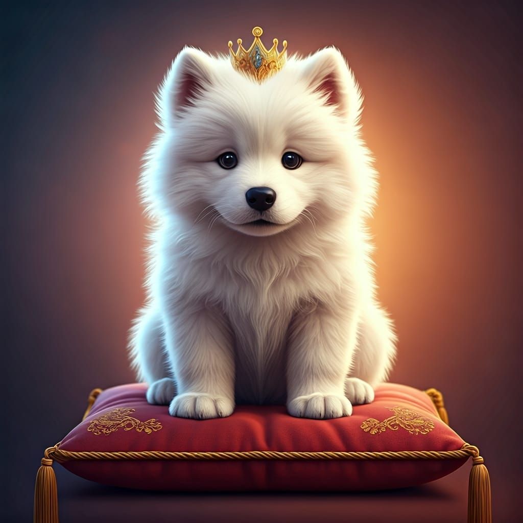 Crowned Samoyed Puppy on Velvet Cushion: 3D Digital Art
