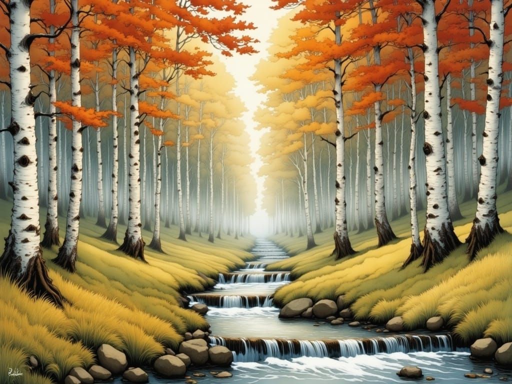 Autumn Forest Meadow with Stream in Soft Sunlight