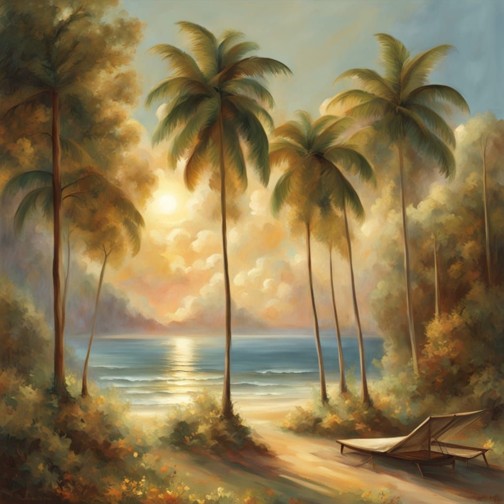 Mirrored Tropical Beach Landscape in Painterly Style