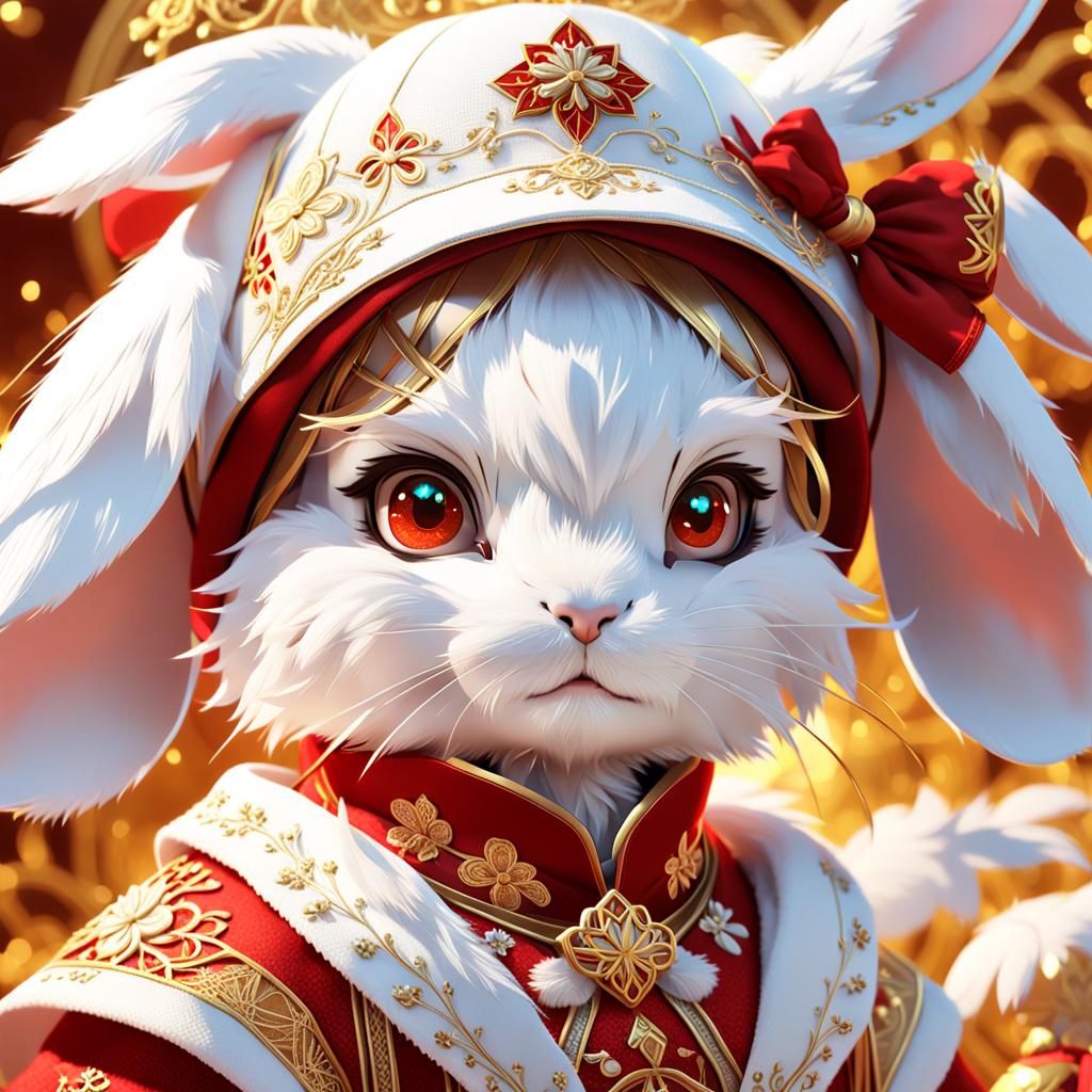 Anime Rabbit in Gold and Red: 3D Art