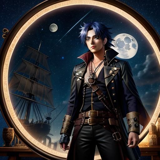 Steampunk Anime Pirate under Starry Moonlit Sky