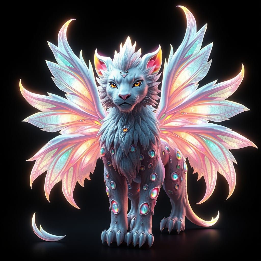 Ethereal Lion-like Creature with Iridescent Wings and Unblin...