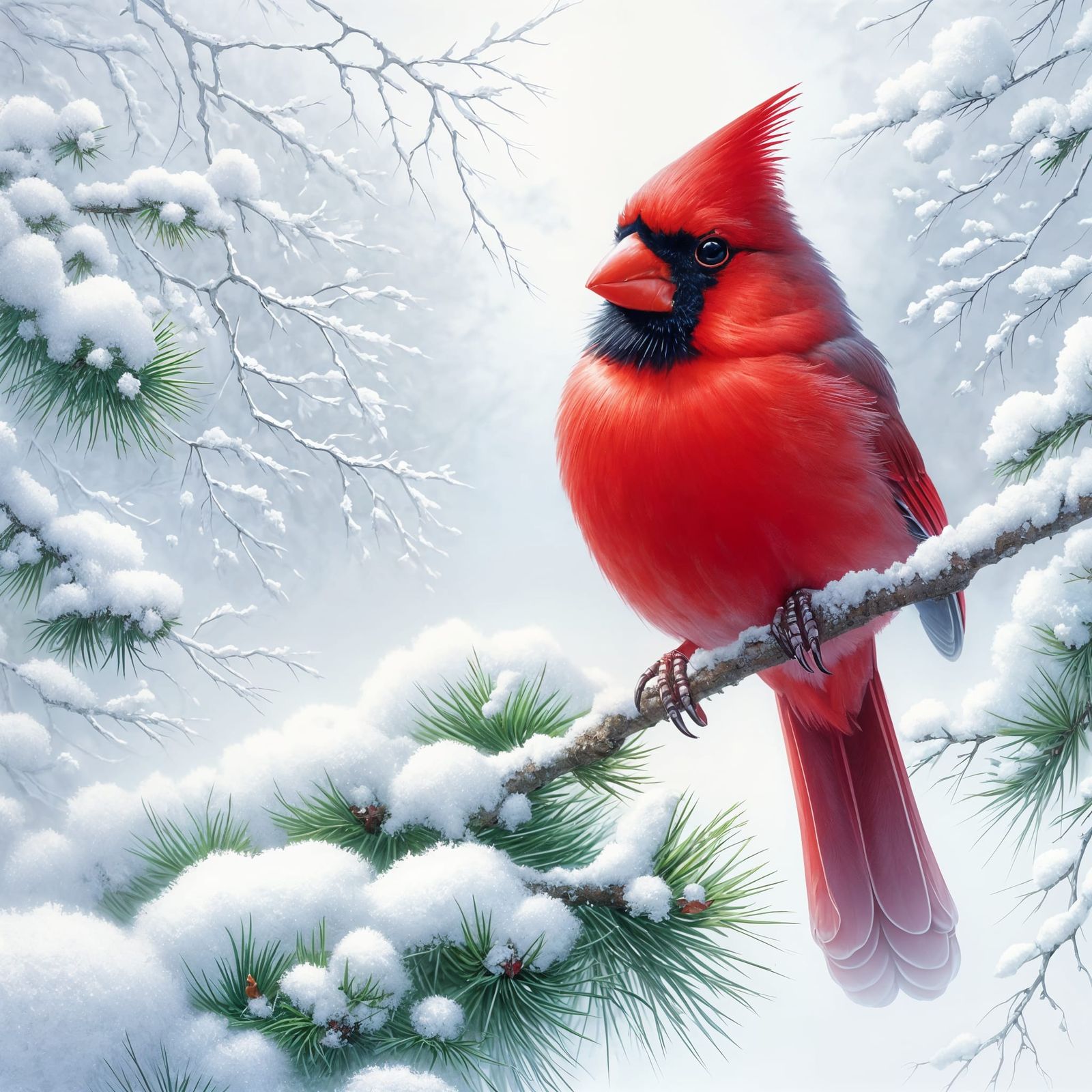 Glowing Cardinal Perched on Snowy Winter Branch