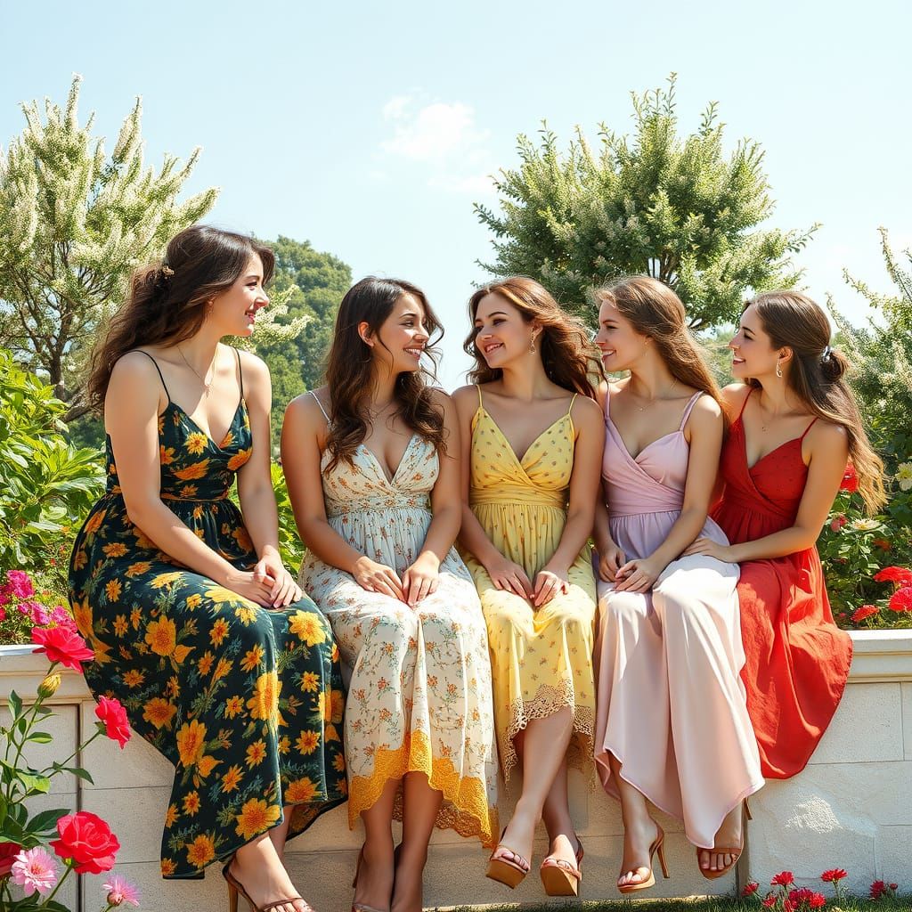 Ten Beautiful Young Women Laugh and Chat in a Lush Garden