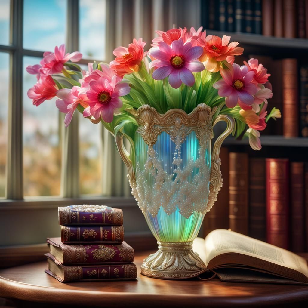 Opalescent Vase with Porcelain Flowers, Photorealistic Style