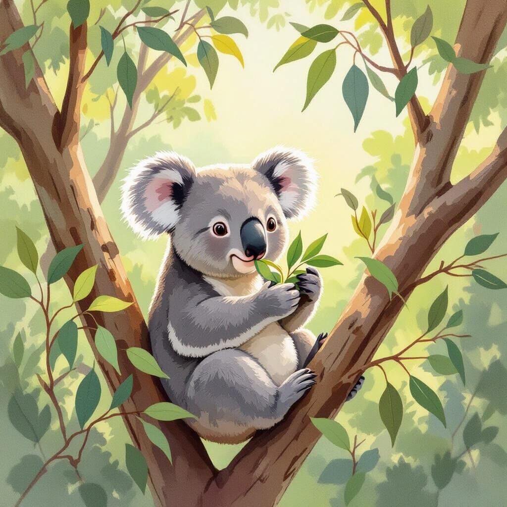 Cute Koala in Eucalyptus Tree, Children's Book Style
