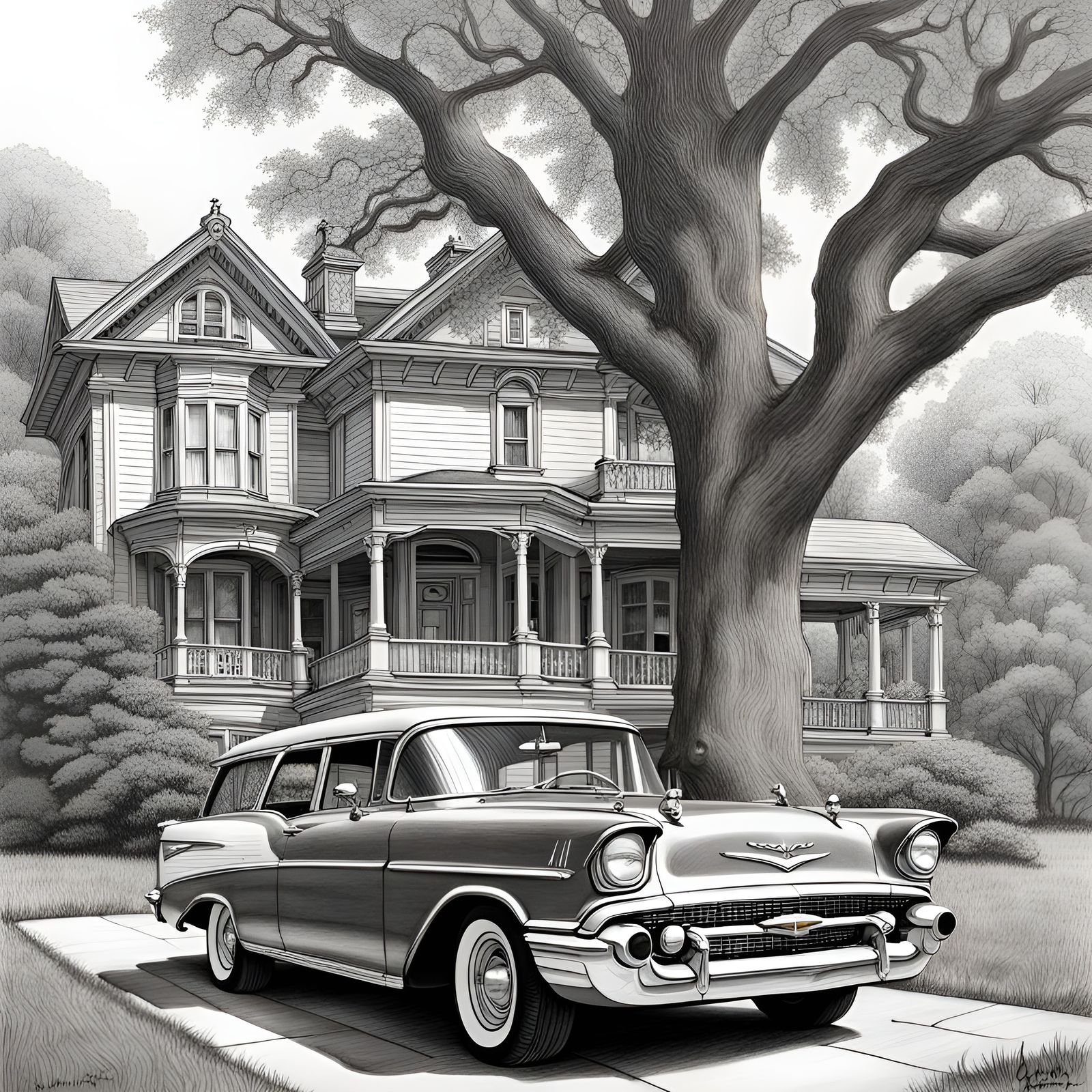 1957 Chevy Nomad and Victorian House in Pencil