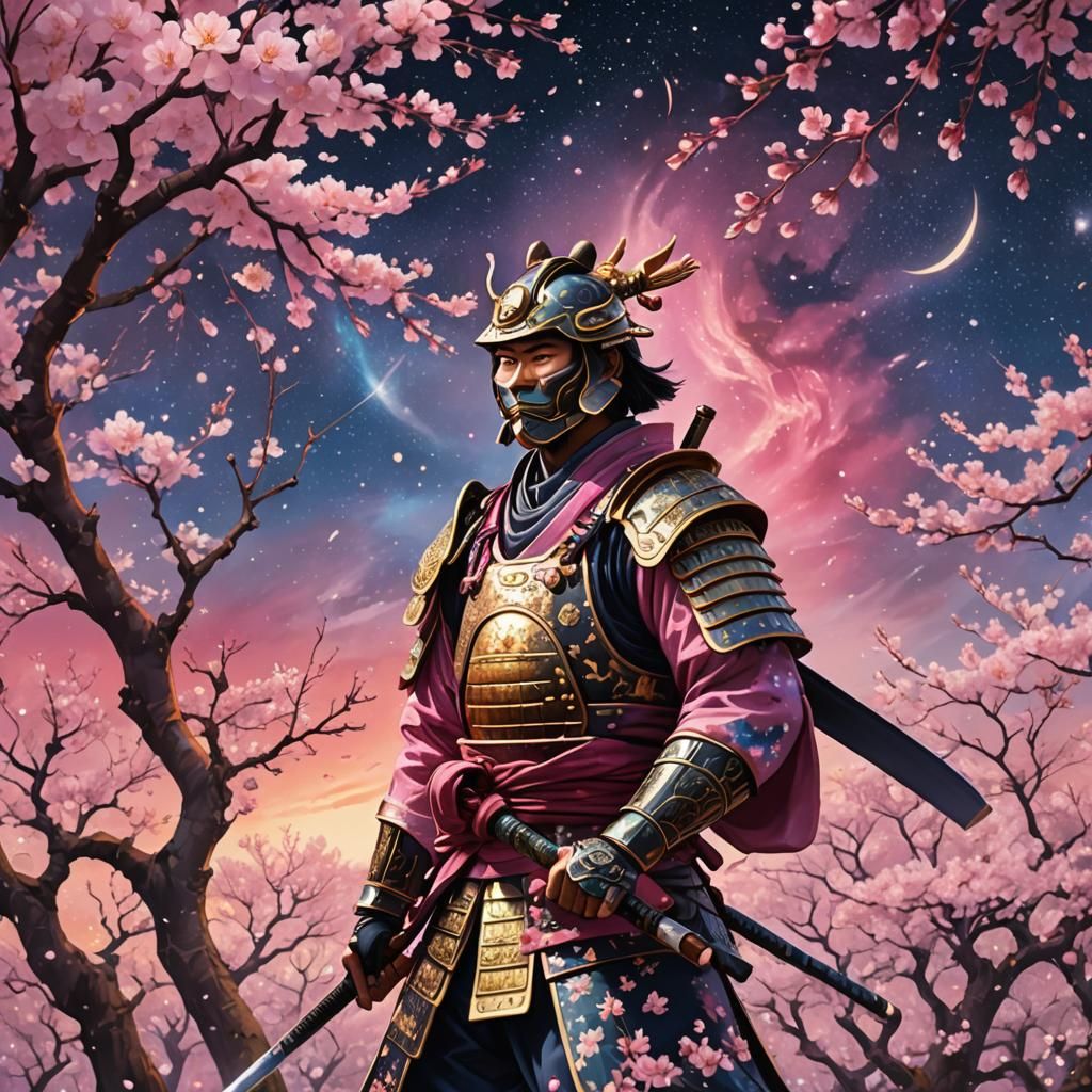 Samurai in Cherry Blossoms Under Astral Sky