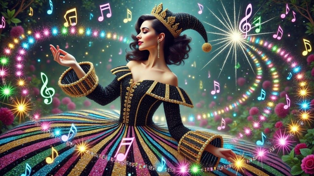 Mystical Jester Weaves Hypnotic Spell in Iridescent Gown