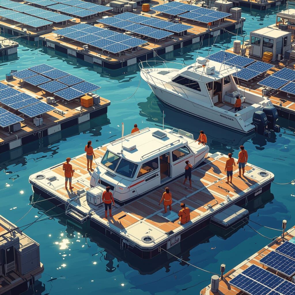 Photovoltaic Panels Surround Cheerful Pontoon Boat, Digital ...
