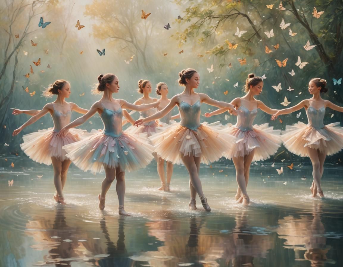Ballerinas Dancing on Water in Impressionist Style