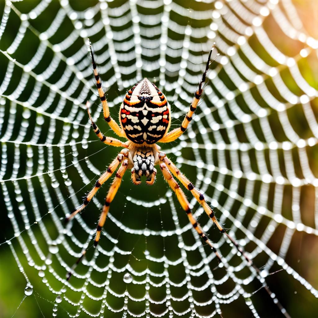 Detailed Garden Spider in Dew-Kissed Web
