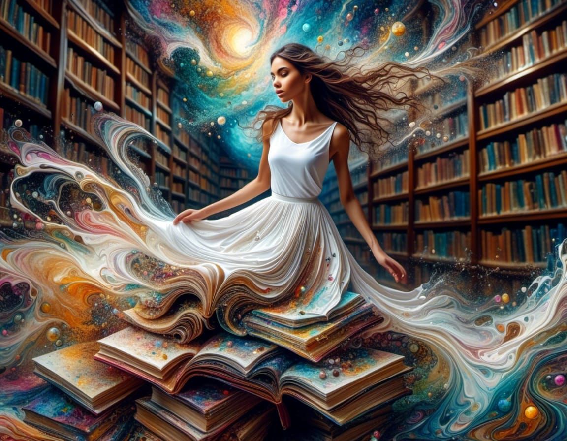 Surreal Liquid Art: Woman in Distorted Library