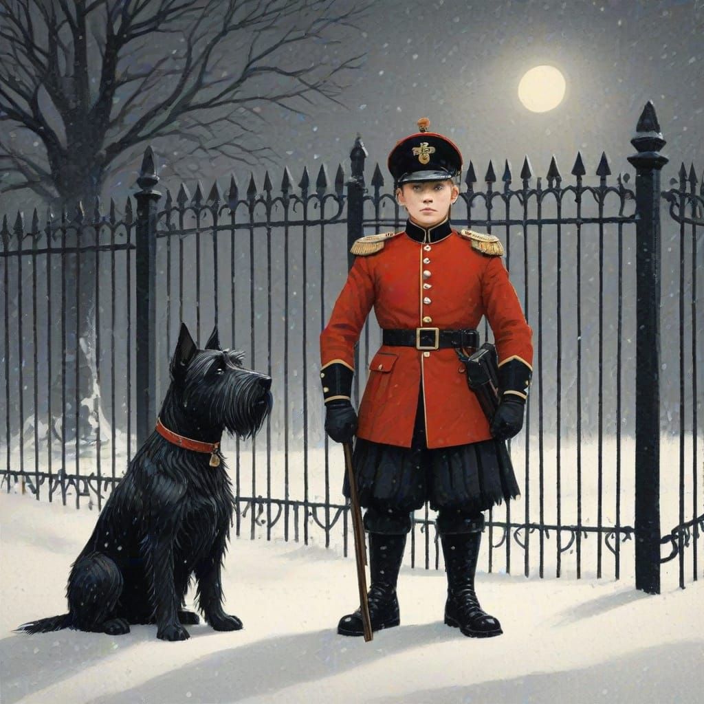 Sad Royal Guard and Dog in Snow Children's Book Style