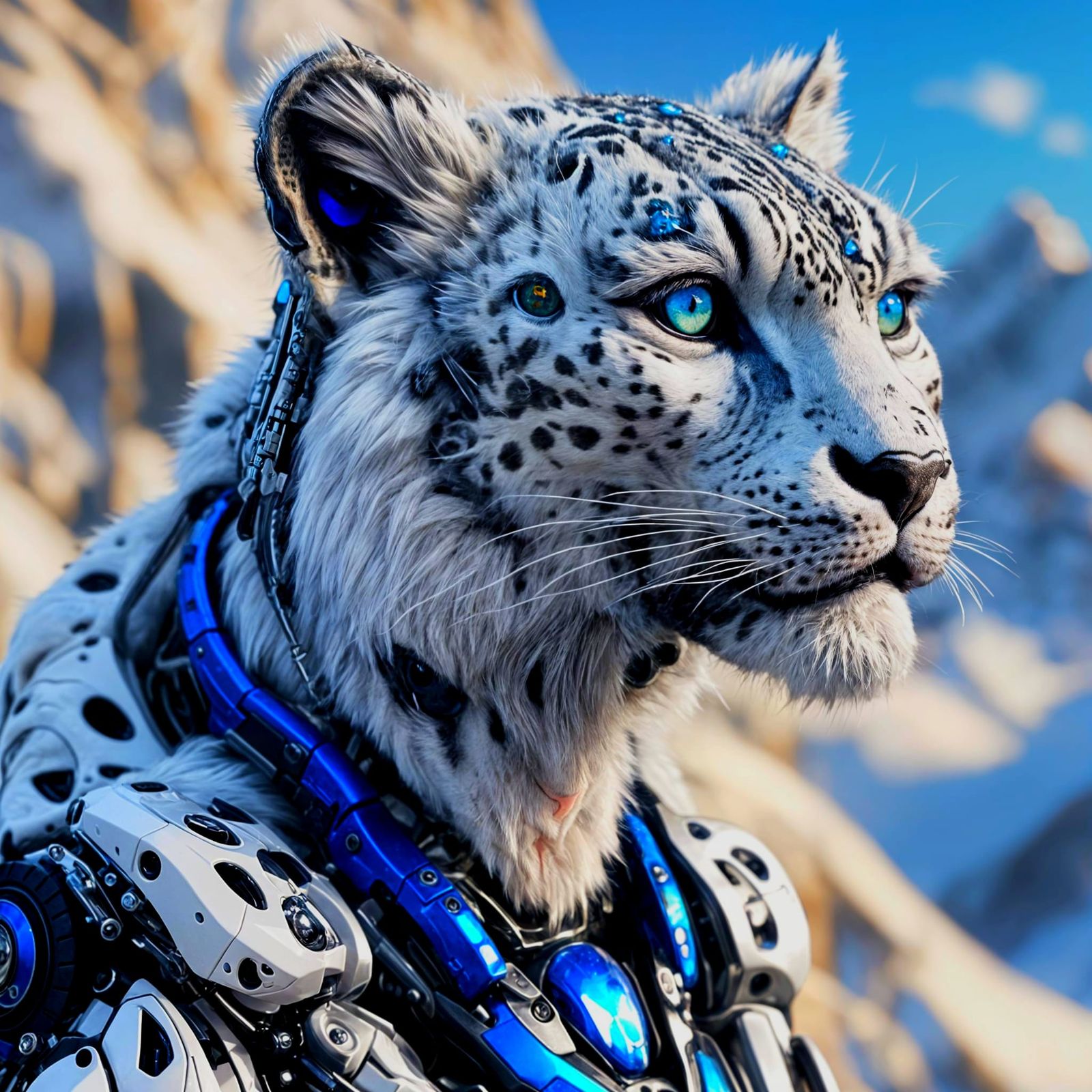 Cyborg Snow Leopard Kitten with Glowing Eyes