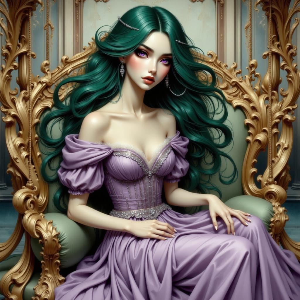 Rococo Woman with Emerald Hair on Swing