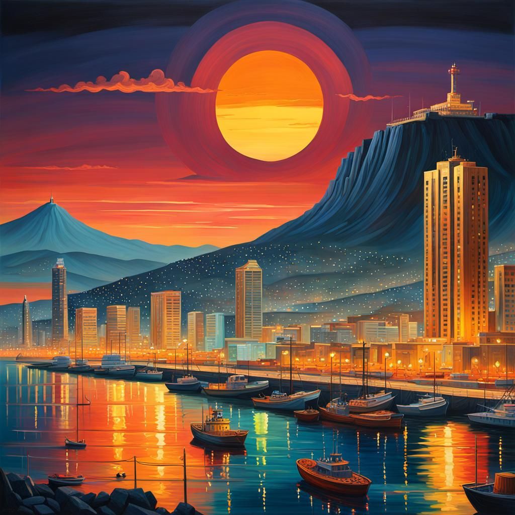 Haifa Port Night Skyline in Art Deco Style