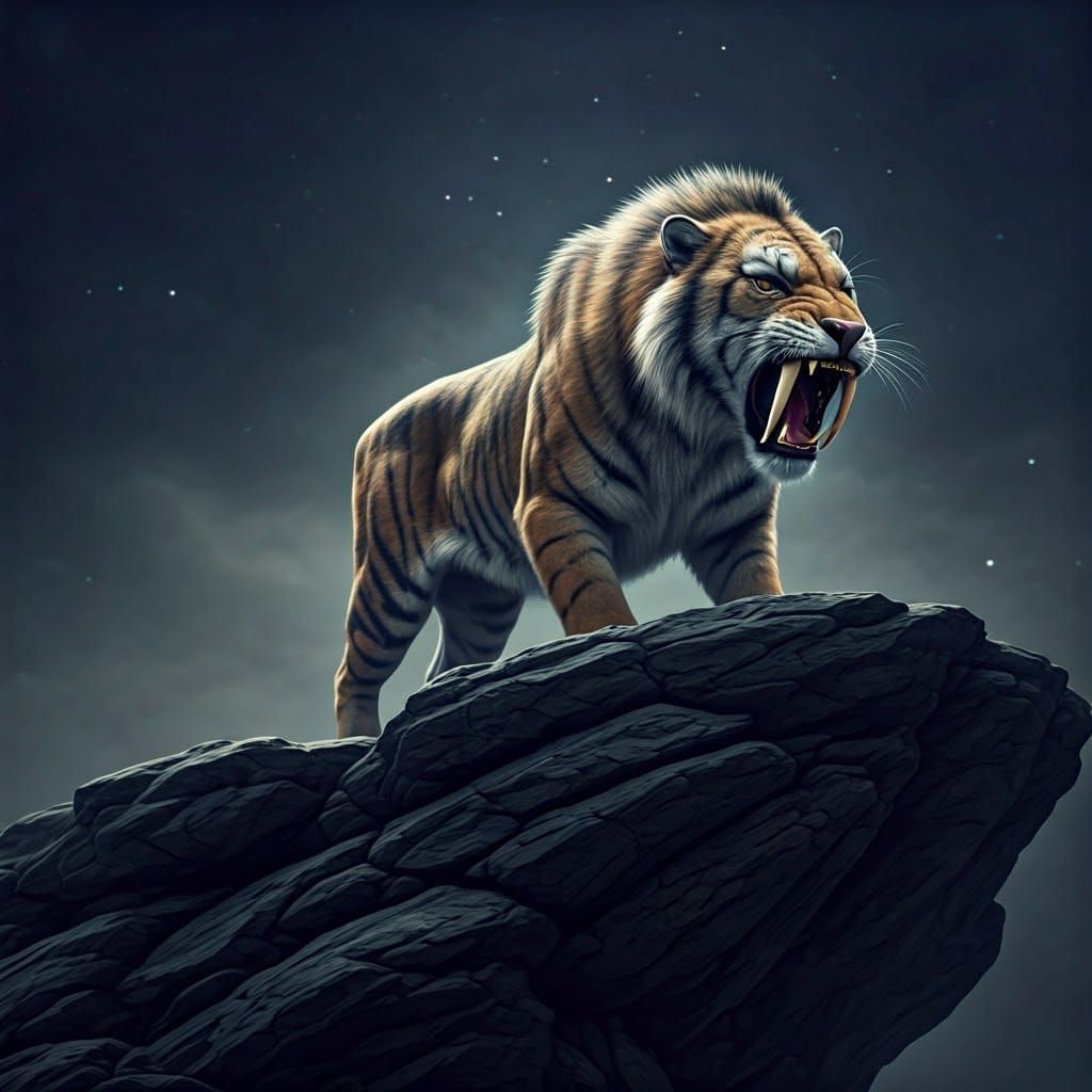 Sabretooth Tiger on Rocky Cliff in Cyberpunk Futuristic Digi...