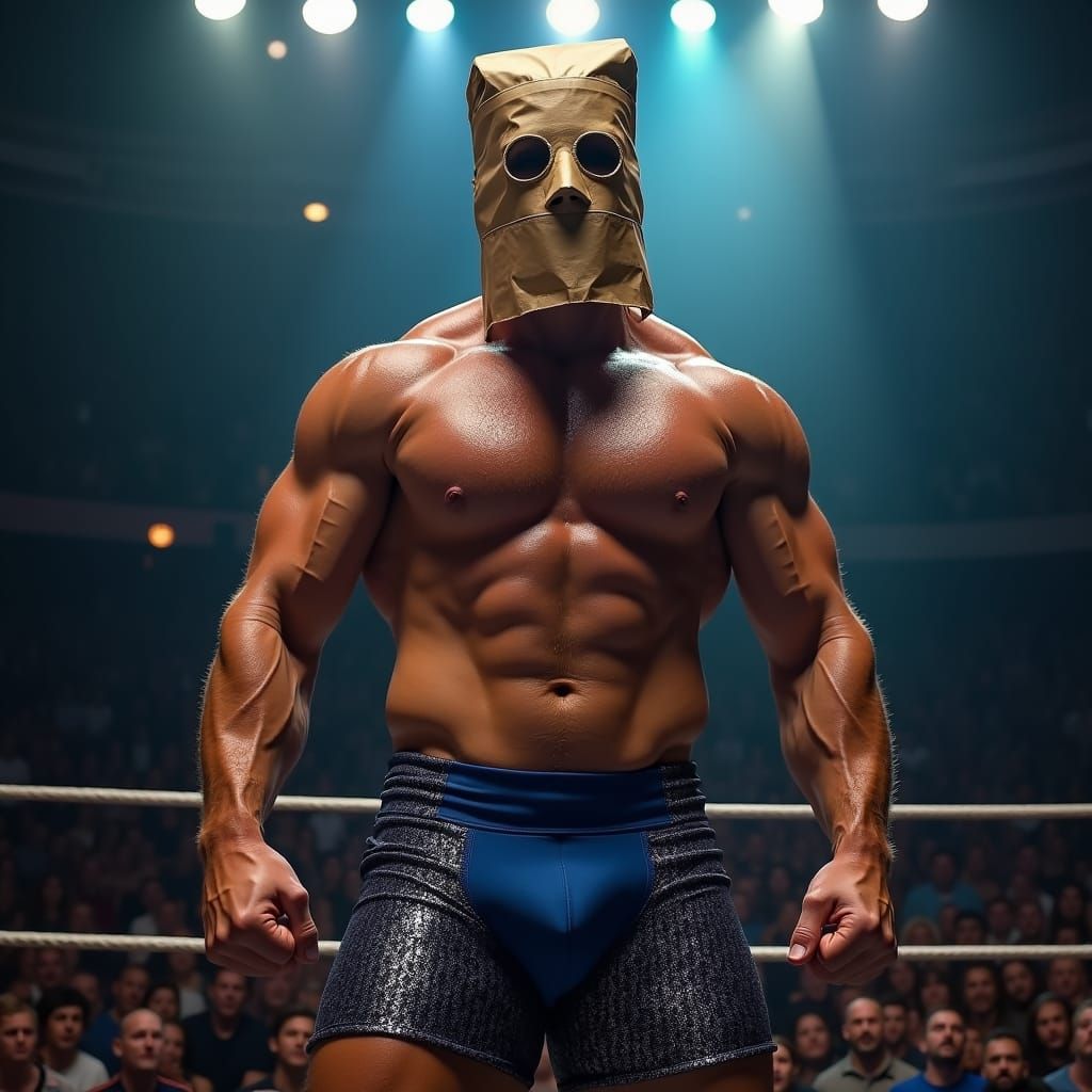 Muscular Wrestler with Paper Bag Mask in Boxing Trunks