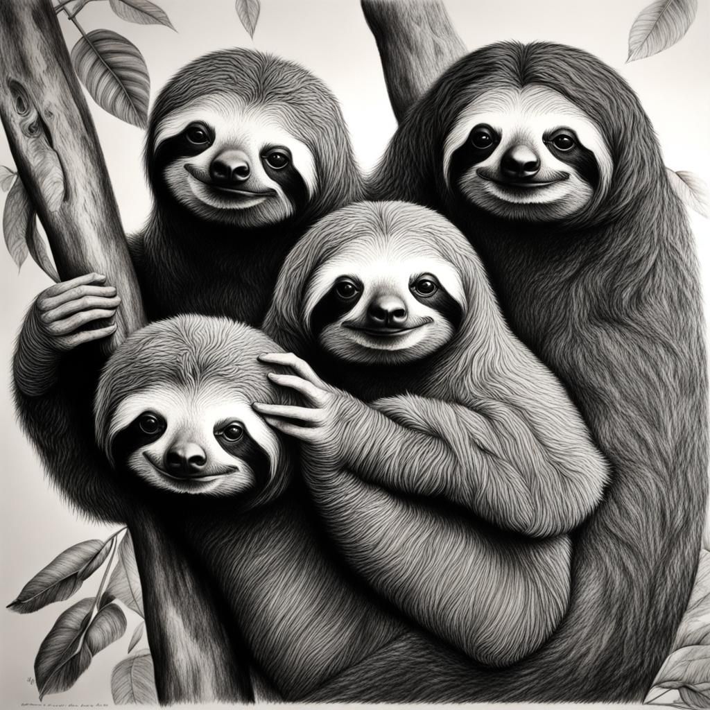 Hyperdetailed Charcoal Drawing of Sloths