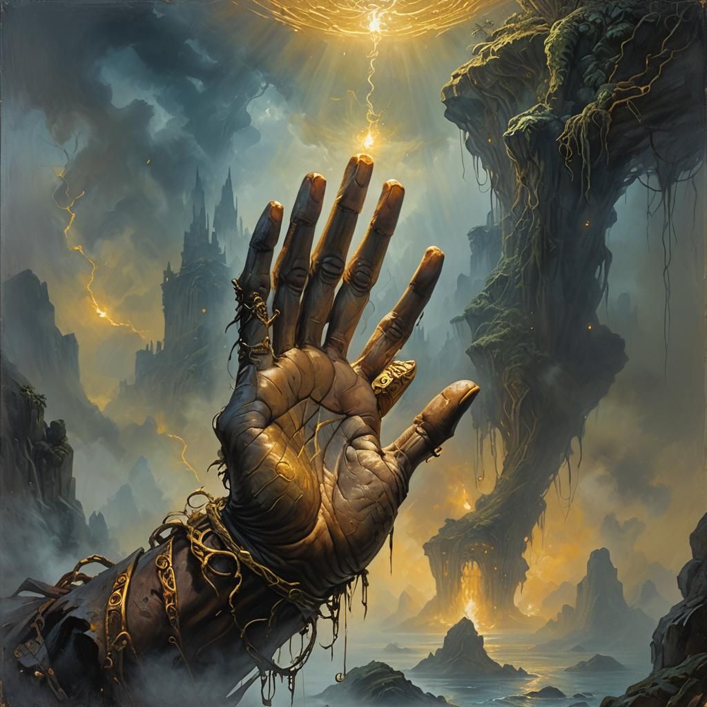 Mysterious Cursed Hand in Eerie Fantasy Oil Painting