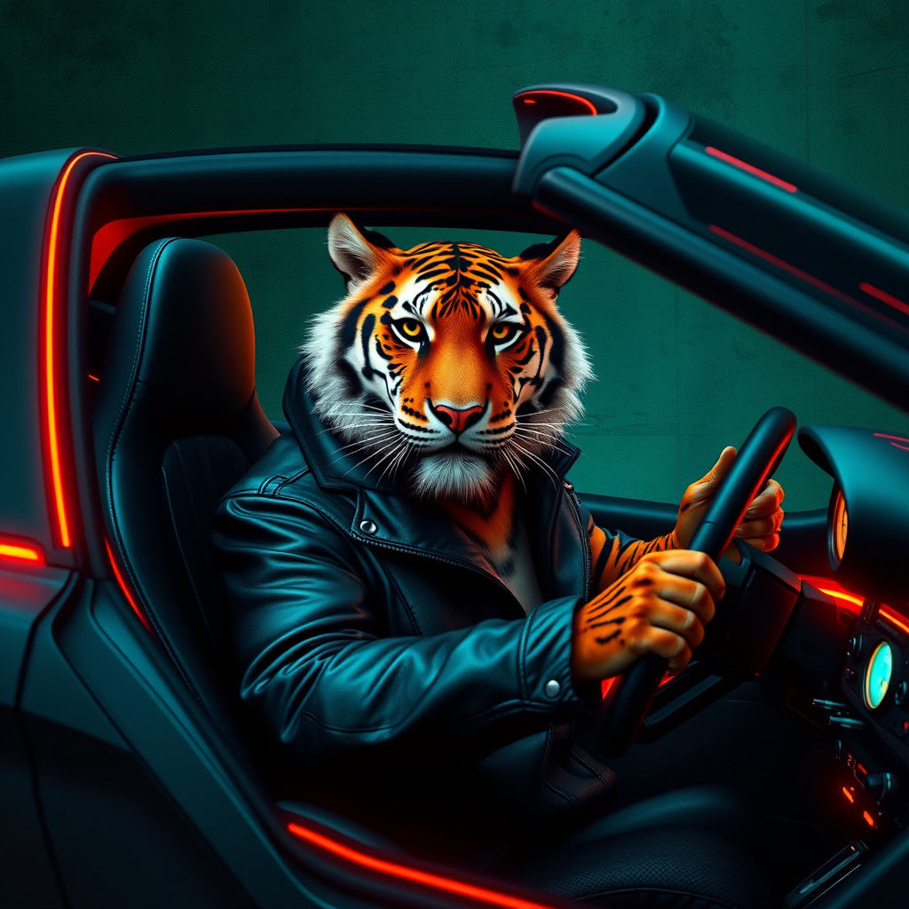 Tiger Driver in Retro-Futuristic Car, Digital Art