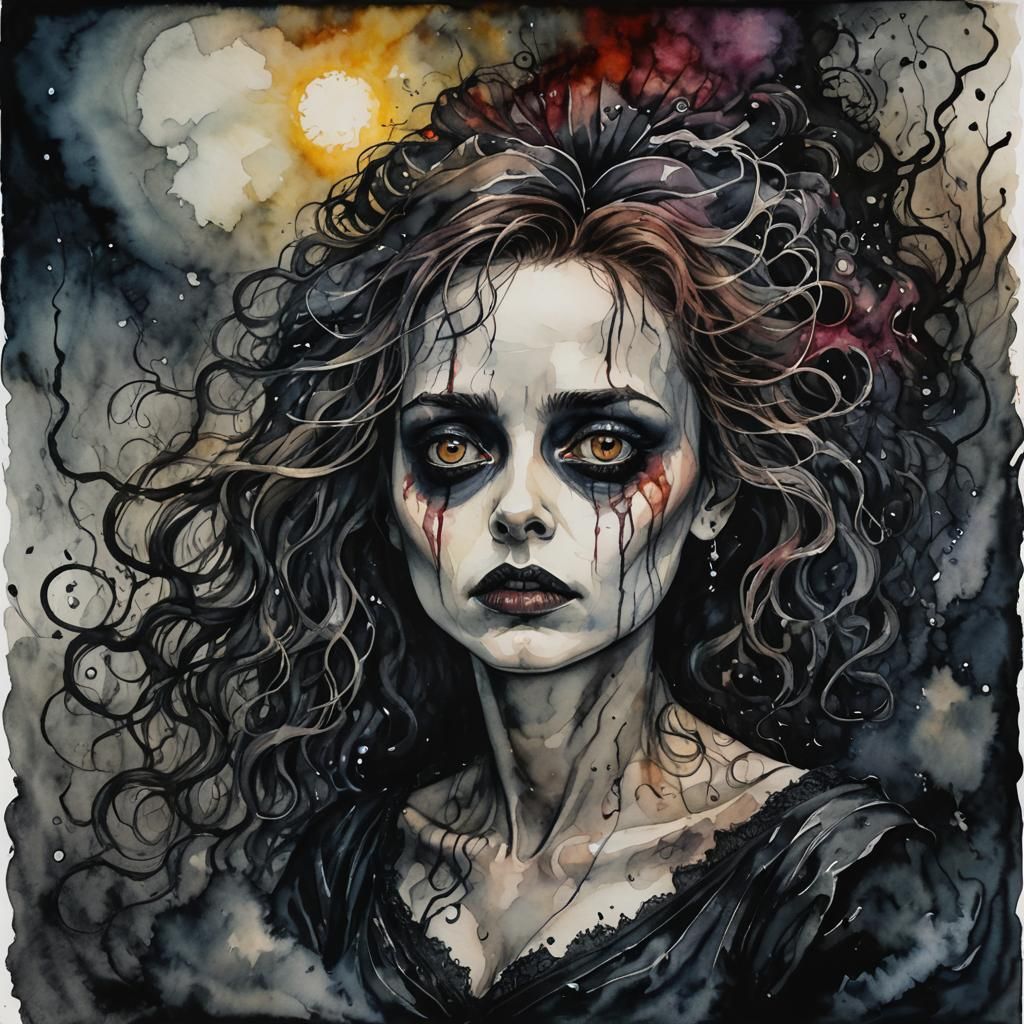 macabre expression of pain and darkness "atmosphere" tim burton helena bonham carter asthticism hyperdetailed deep dark ...