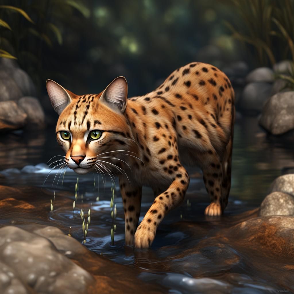 3D Rusty Spotted Cat Drinking From Stream