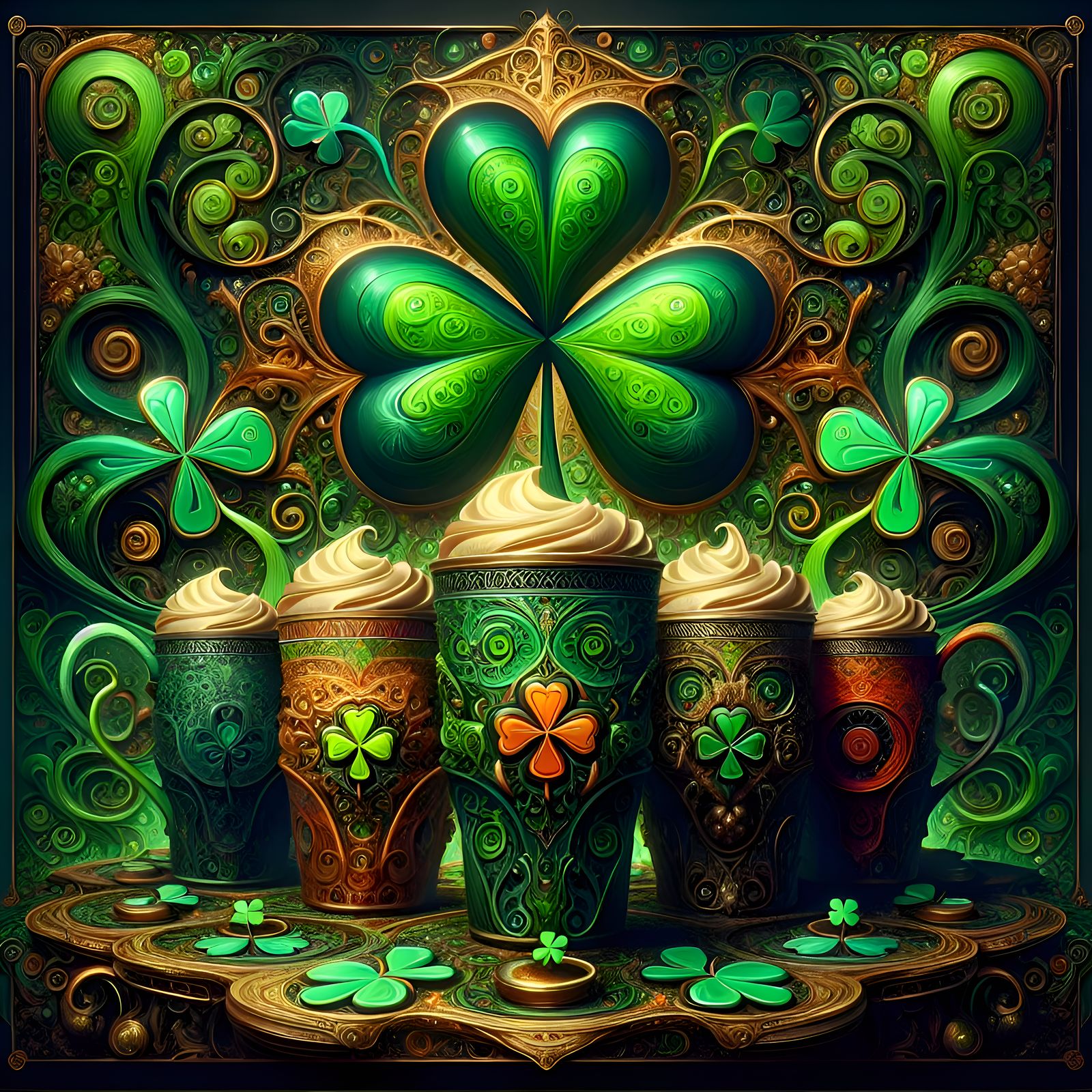 Irish Coffee Cups with Shamrocks: Digital Matte Painting