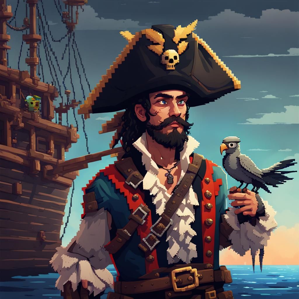 8-Bit Pixel Art Pirate with Robot Parrot