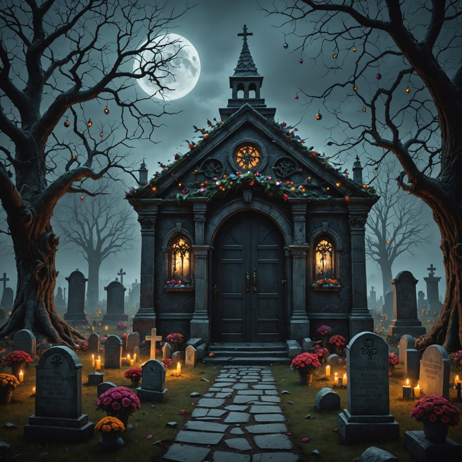 A dark and eerie graveyard with many crooked headstones and ...