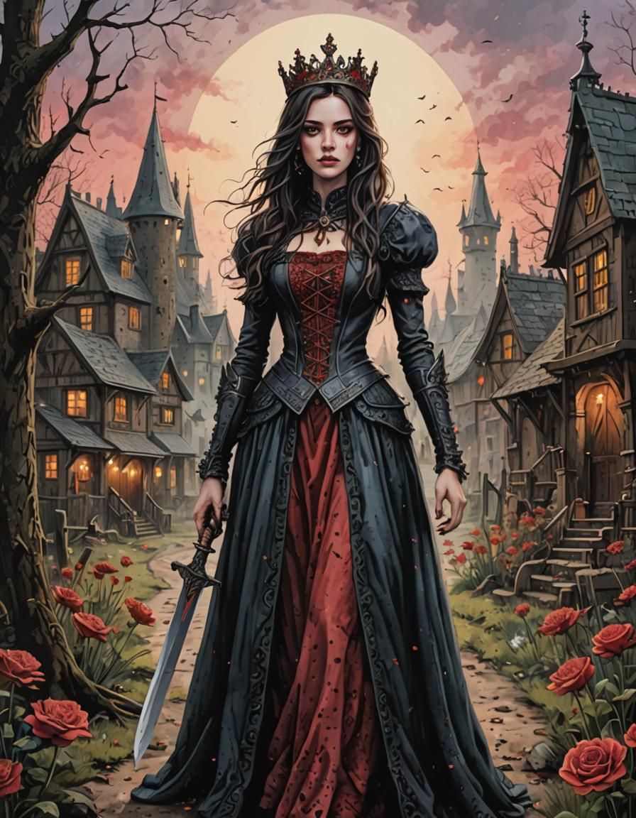Princess with Bloody Knife in Neo-Gothic Village