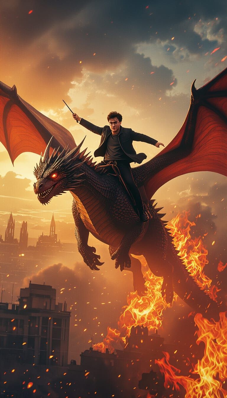 Dragon Rider Soaring in Fiery Skies: Cinematic Street Art