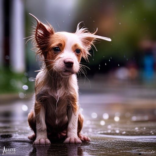Adorable Puppy in Rain: Hyperreal Splash Art