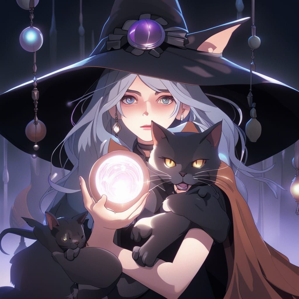 Mystical Witch with Cat and Silver Aura