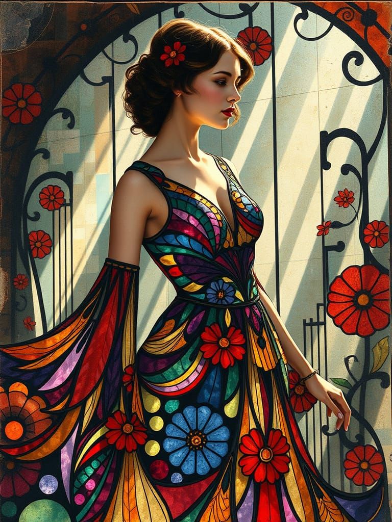 Art Nouveau Stained Glass Dress Collage