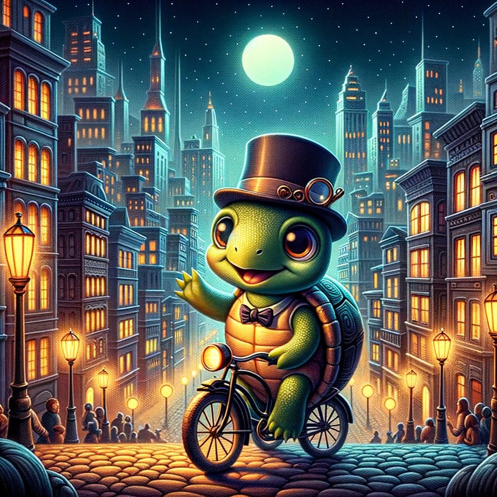 Cartoon Turtle Rides Bicycle Through City at Night