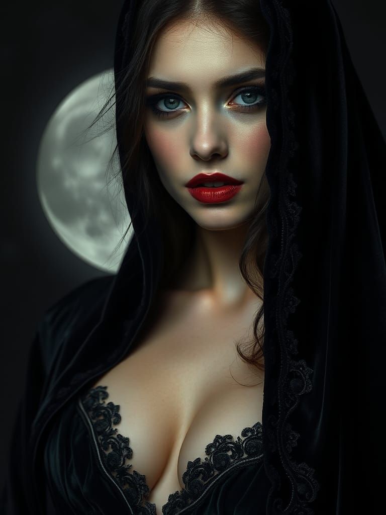Enigmatic Woman in Velvet Gown by Moonlight