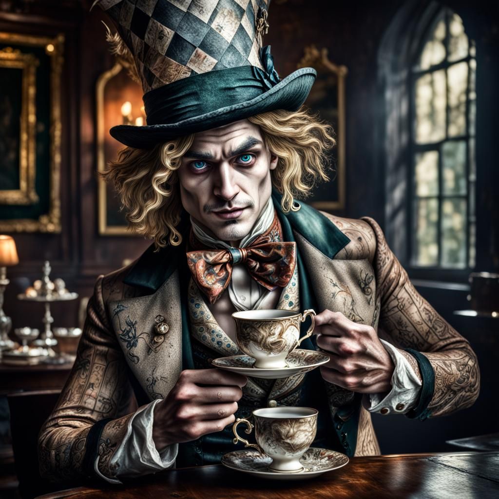 Hyperrealistic Mad Hatter with Tea Cup