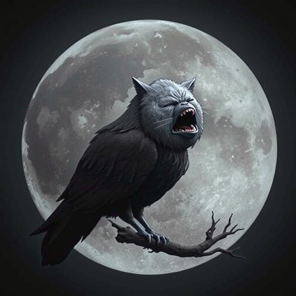 Uncanny Furred Bird Screams on Moon Branch