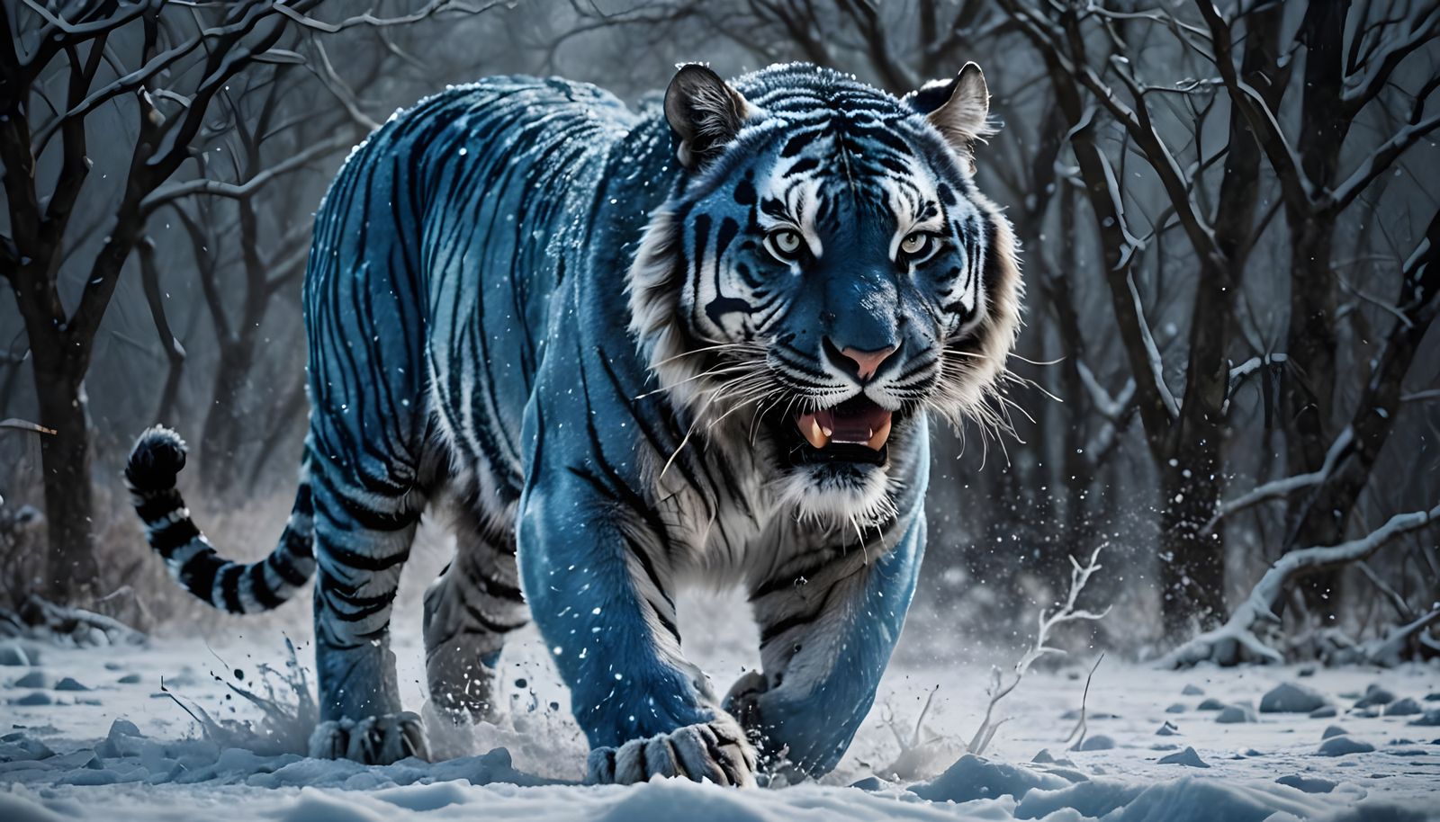 Majestic Blue Tiger Leaps into Frosty Wilderness