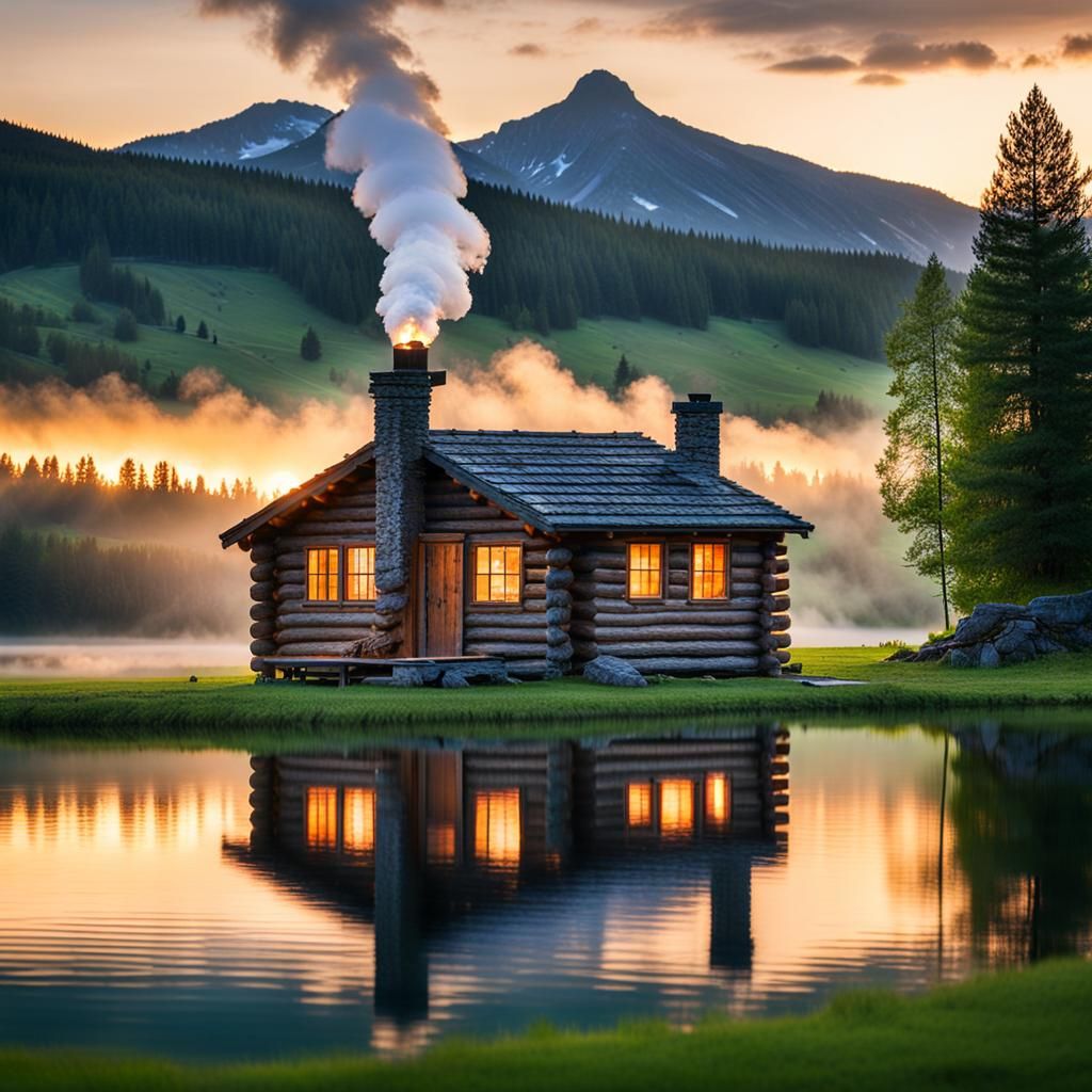 High mountain lake, peaceful setting, small log cabin on a l...