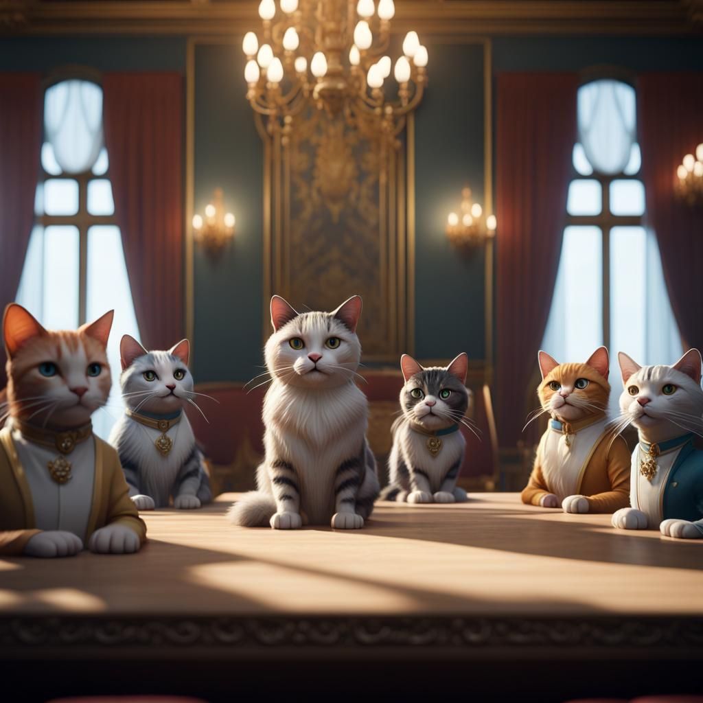 Grand Cat Council Meeting in 3D Cinematic Style