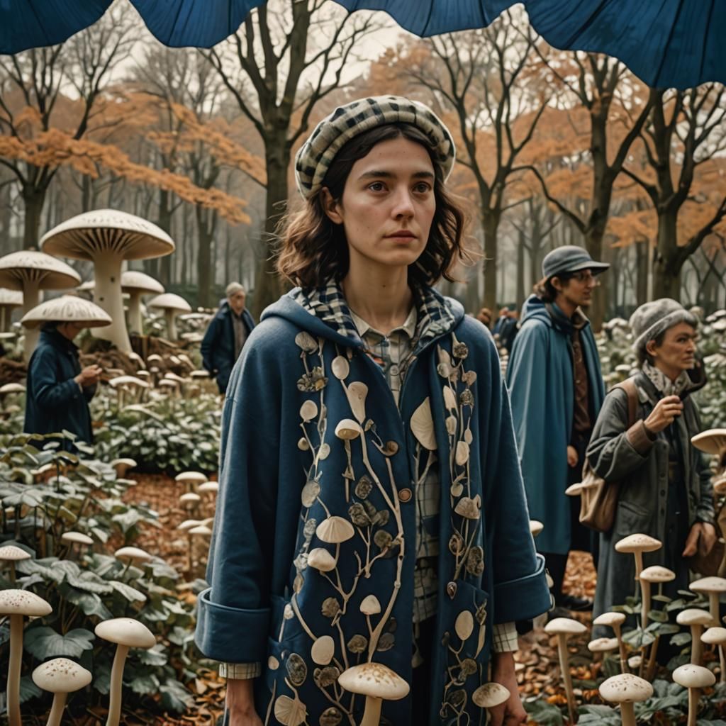 Activists Harvesting Mushrooms: Linocut Style